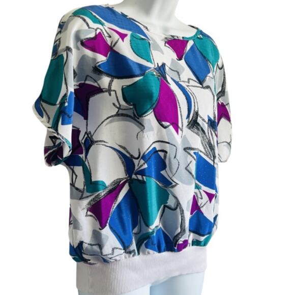 Vintage 80s White Blue Green Abstract Short Sleeve Tee Oversize size S / M - Picture 2 of 10